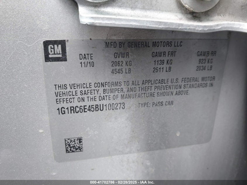 2011 Chevrolet Volt VIN: 1G1RC6E45BU100273 Lot: 41702786