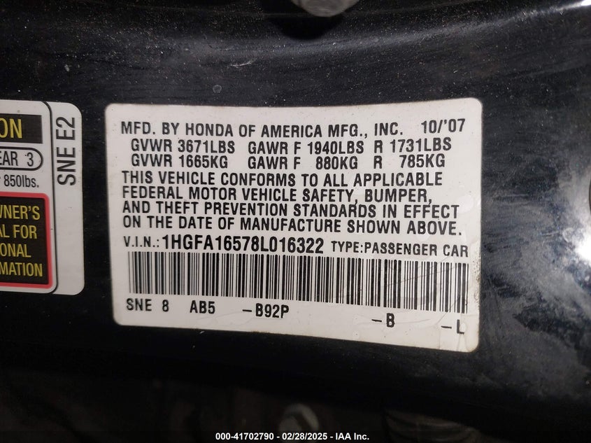 2008 HONDA CIVIC VIN: 1HGFA16578L016322