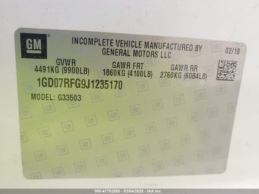 2018 GMC Savana Cutaway Work Van VIN: 1GD07RFG9J1235170 Lot: 43399029