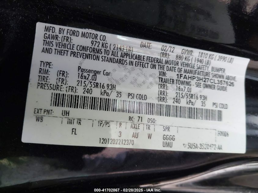 2012 Ford Focus Sel VIN: 1FAHP3H27CL357626 Lot: 41702867