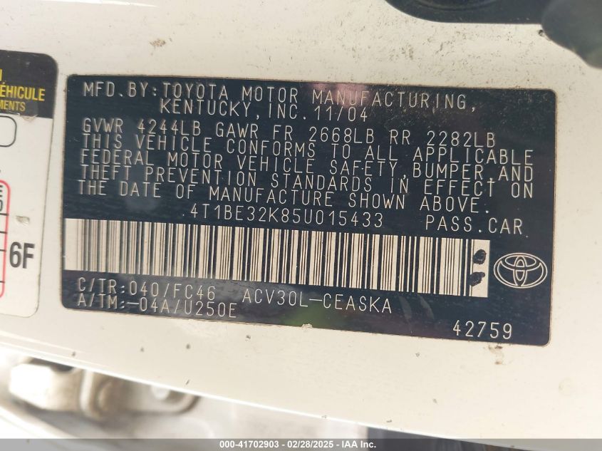 2005 Toyota Camry Se VIN: 4T1BE32K85U015433 Lot: 41702903