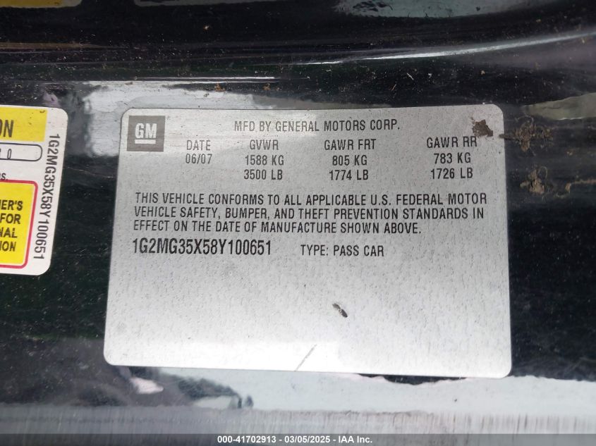 2008 Pontiac Solstice Gxp VIN: 1G2MG35X58Y100651 Lot: 41702913