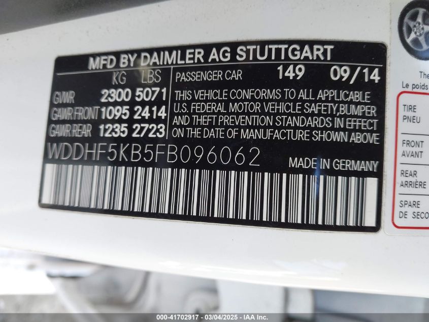 2015 Mercedes-Benz E 350 VIN: WDDHF5KB5FB096062 Lot: 41702917