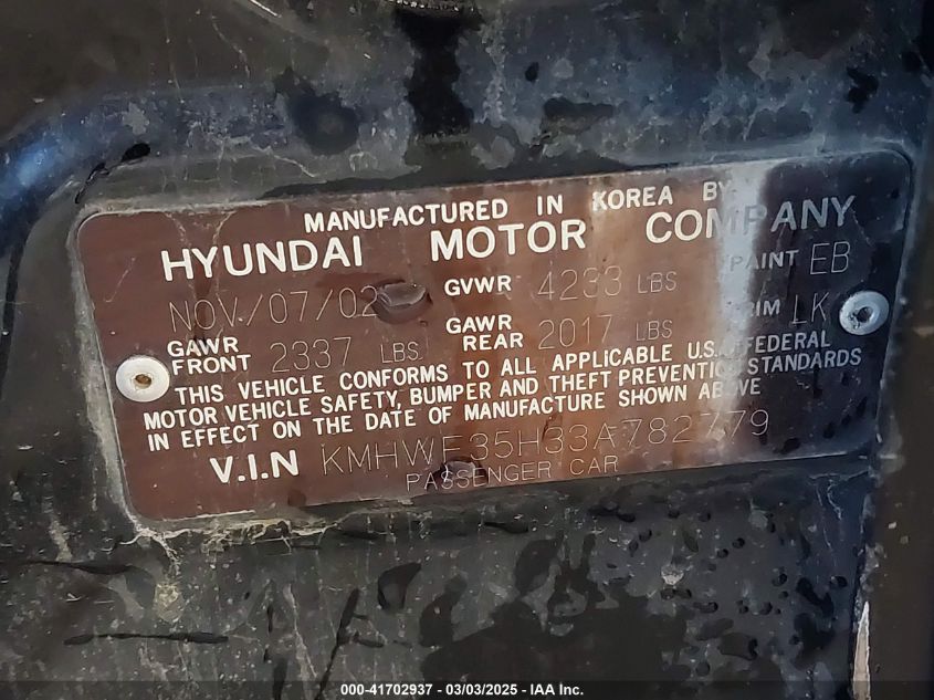 2003 Hyundai Sonata Gls/Lx VIN: KMHWF35H33A782779 Lot: 41702937