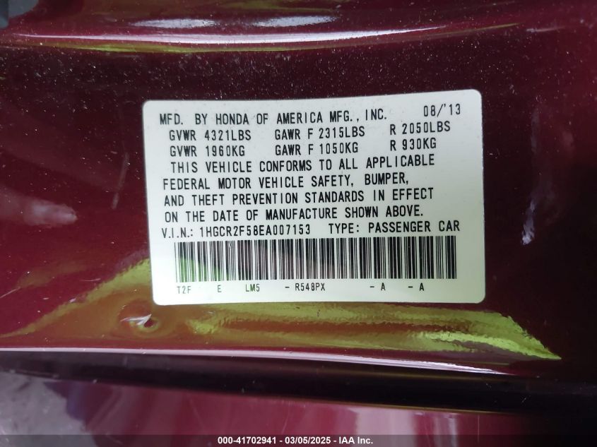 2014 Honda Accord Sport VIN: 1HGCR2F58EA007153 Lot: 41702941