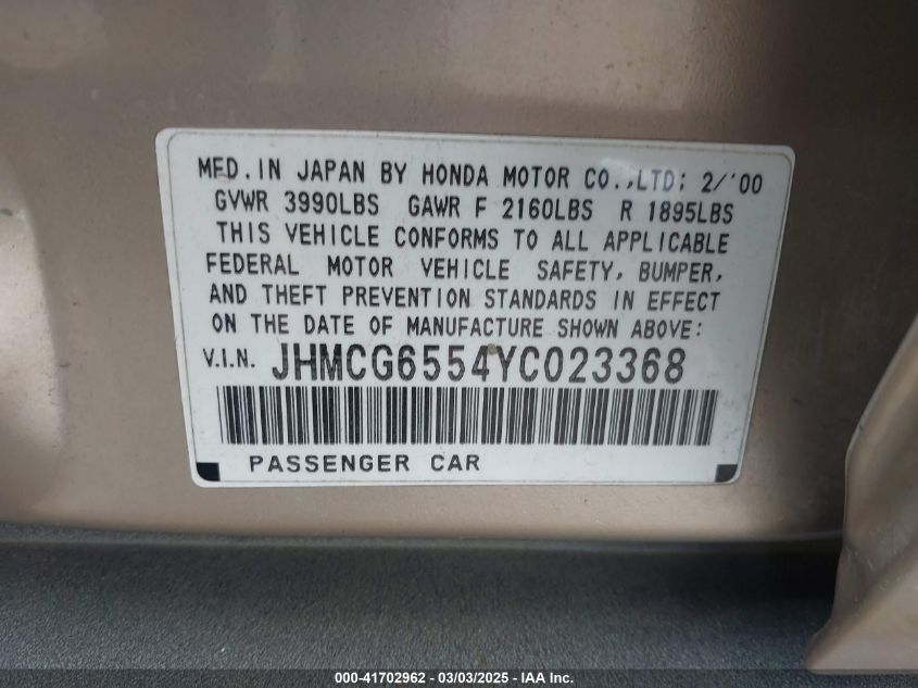 2000 Honda Accord 2.3 Lx VIN: JHMCG6554YC023368 Lot: 41702962