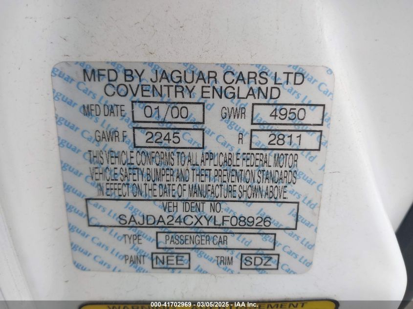 2000 Jaguar Xj8 Vanden Plas VIN: SAJDA24CXYLF08926 Lot: 41702969