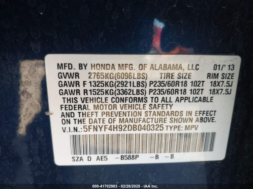 2013 Honda Pilot Touring VIN: 5FNYF4H92DB040325 Lot: 41702983
