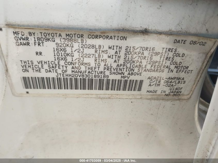 2003 Toyota Rav4 VIN: JTEHH20V830189189 Lot: 41703059