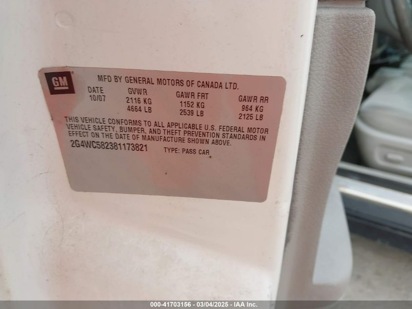 2008 Buick Lacrosse Cx VIN: 2G4WC582381173821 Lot: 41703156