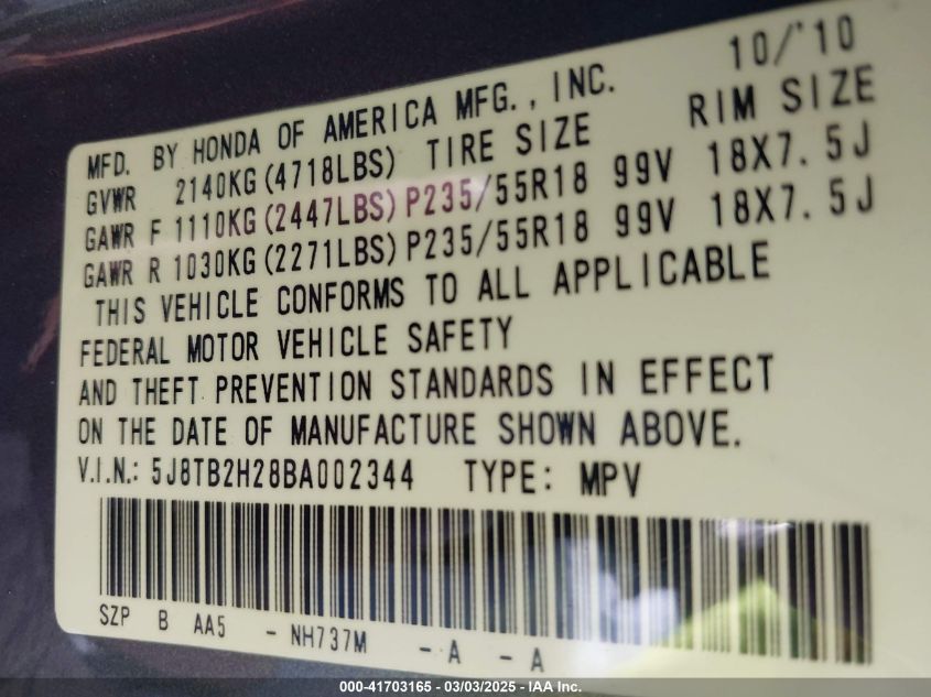 2011 Acura Rdx VIN: 5J8TB2H28BA002344 Lot: 41703165