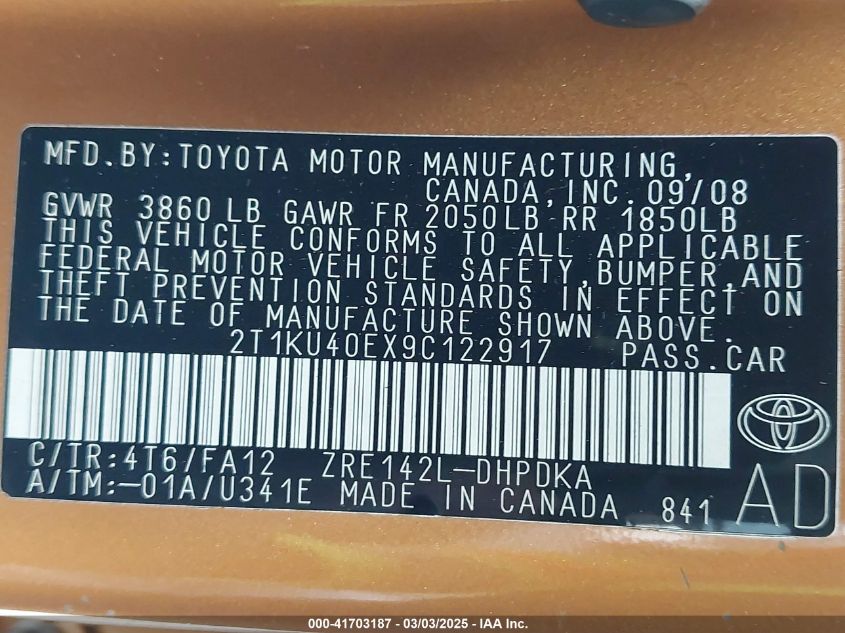 2009 Toyota Matrix VIN: 2T1KU40EX9C122917 Lot: 41703187