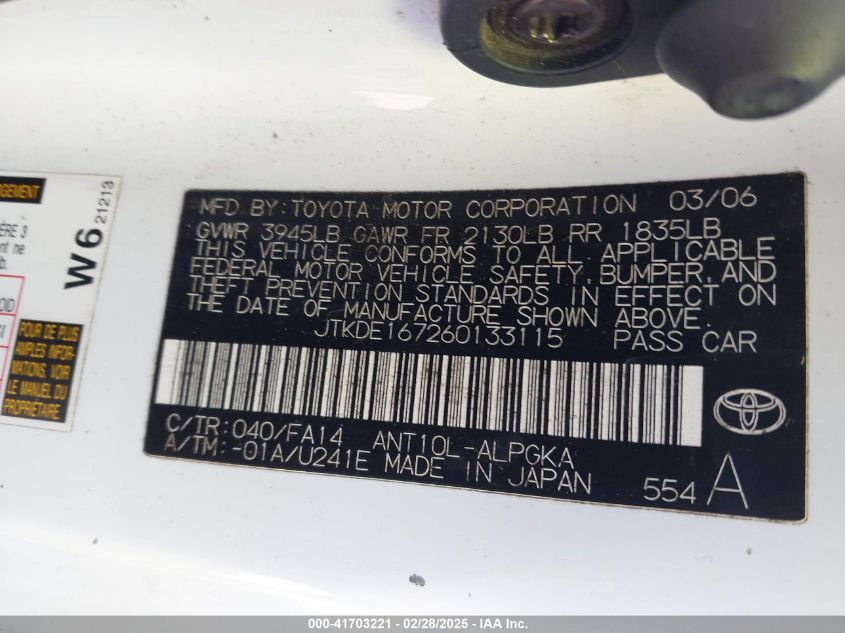 2006 Scion Tc VIN: JTKDE167260133115 Lot: 41703221