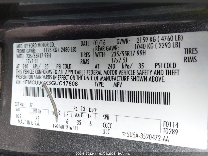 2016 FORD ESCAPE VIN: 1FMCU9GX3GUC17808