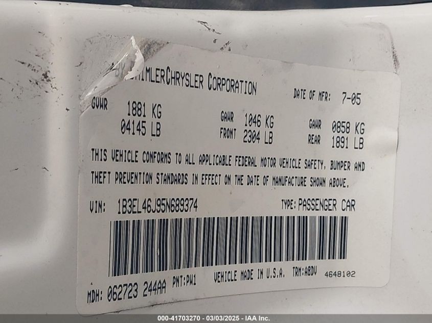 2005 Dodge Stratus Sxt VIN: 1B3EL46J95N689374 Lot: 41703270