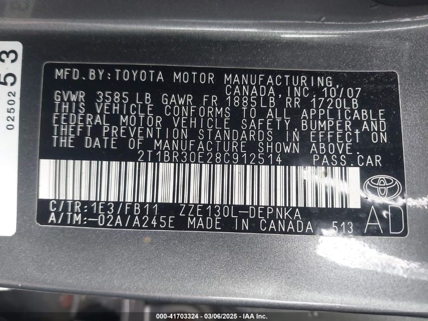 2008 Toyota Corolla Le VIN: 2T1BR30E28C912514 Lot: 41703324