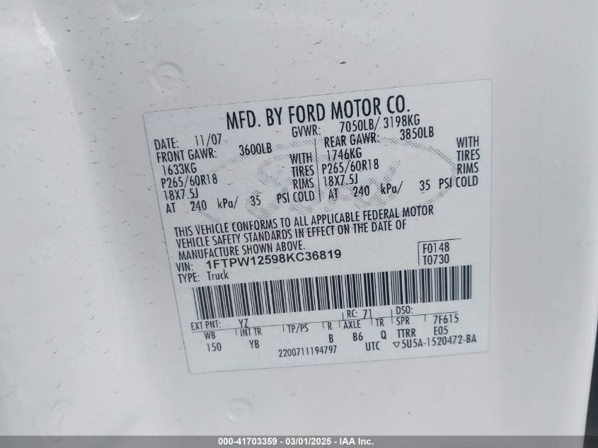 2008 Ford F-150 60Th Anniversary/Fx2/King Ranch/Lariat/Limited/Xlt VIN: 1FTPW12598KC36819 Lot: 41703359