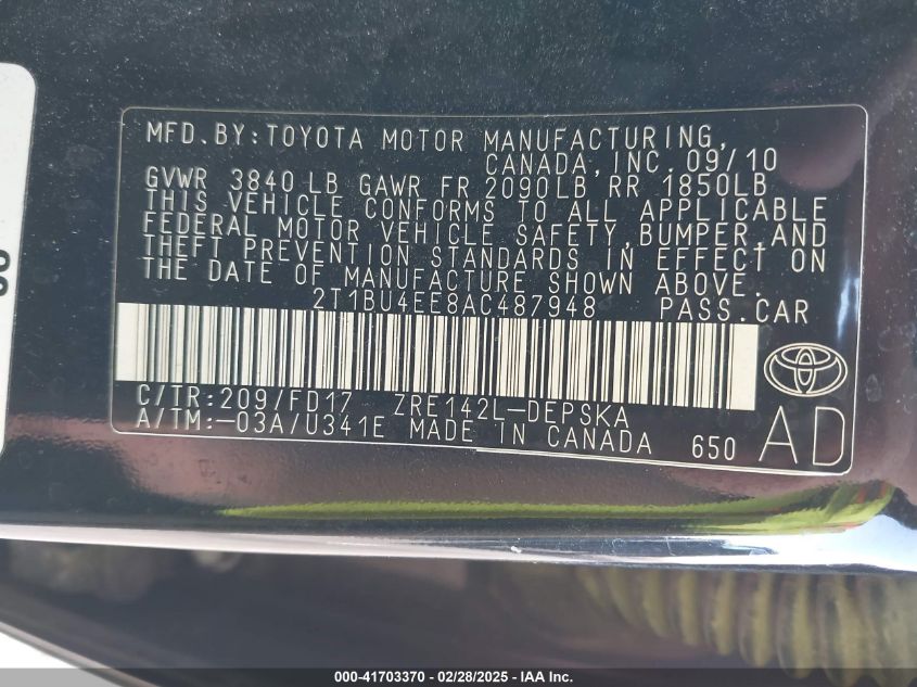 2010 Toyota Corolla S VIN: 2T1BU4EE8AC487948 Lot: 41703370