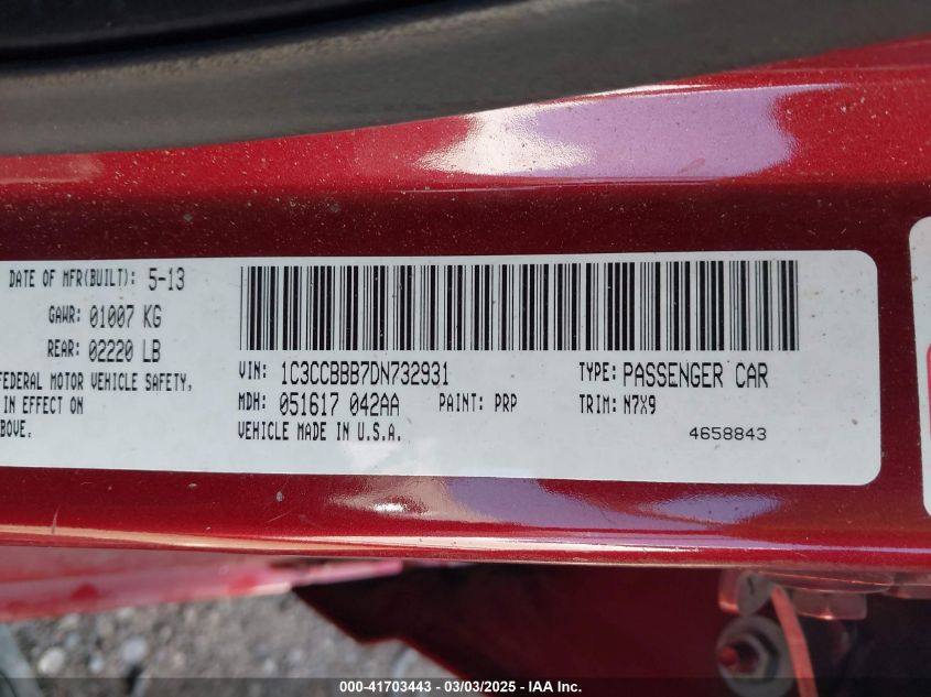 2013 Chrysler 200 Touring VIN: 1C3CCBBB7DN732931 Lot: 41703443