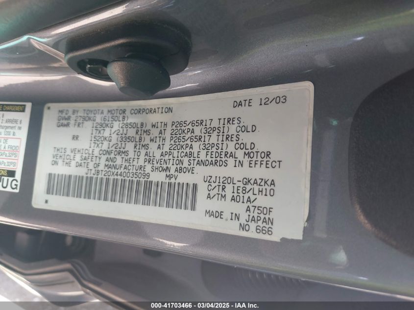 2004 Lexus Gx 470 VIN: JTJBT20X440035099 Lot: 41703466