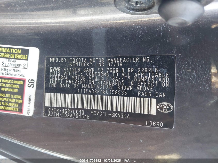 2008 TOYOTA CAMRY SOLARA VIN: 4T1FA38P18U158535