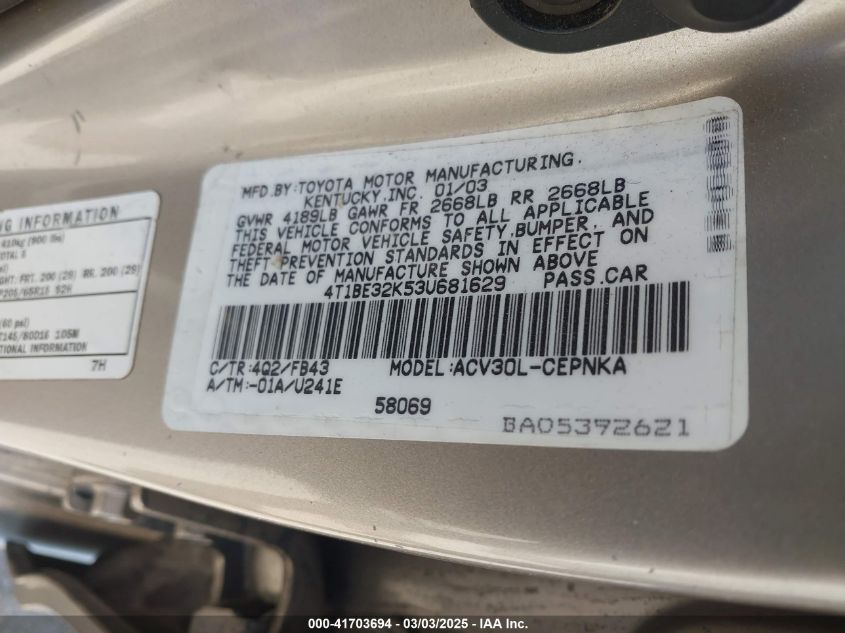 2003 Toyota Camry Le VIN: 4T1BE32K53U681629 Lot: 41703694