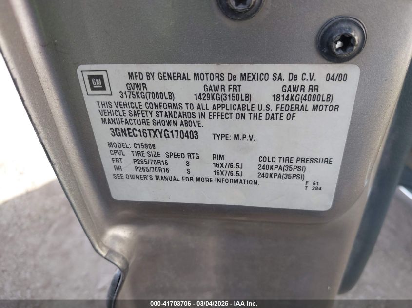 2000 Chevrolet Suburban 1500 Ls VIN: 3GNEC16TXYG170403 Lot: 41703706