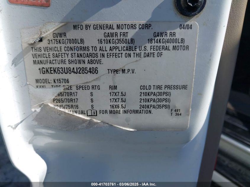 2004 GMC Yukon Denali VIN: 1GKEK63U84J285486 Lot: 41703761