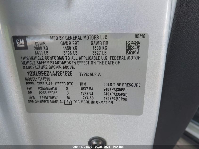 2010 Chevrolet Traverse Lt VIN: 1GNLRFED1AJ261626 Lot: 41703809