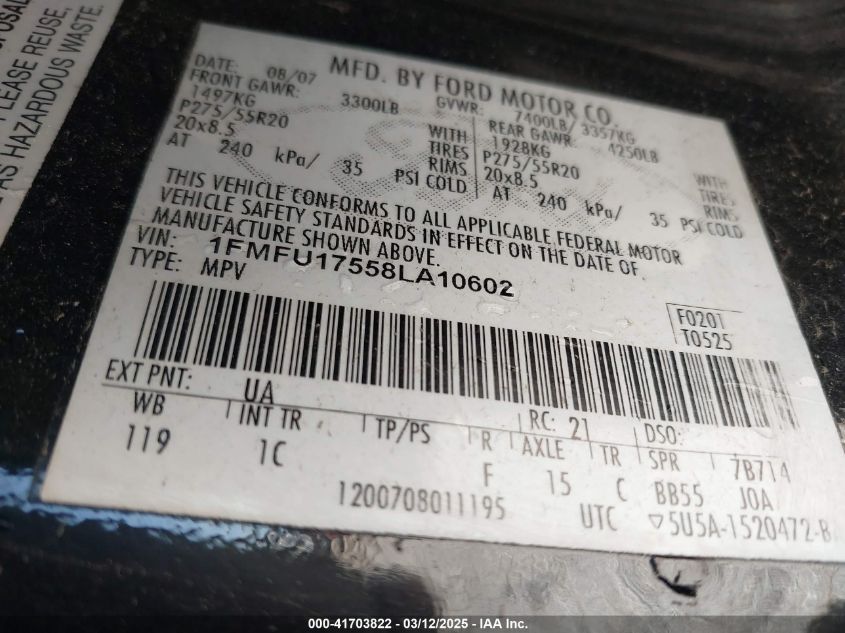 2008 Ford Expedition Eddie Bauer/King Ranch VIN: 1FMFU17558LA10602 Lot: 41703822