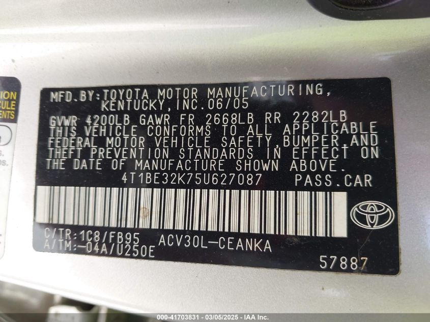 2005 Toyota Camry Le VIN: 4T1BE32K75U627087 Lot: 41703831