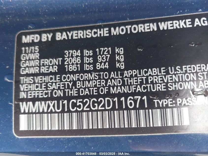 2016 Mini Hardtop Cooper VIN: WMWXU1C52G2D11671 Lot: 41703848