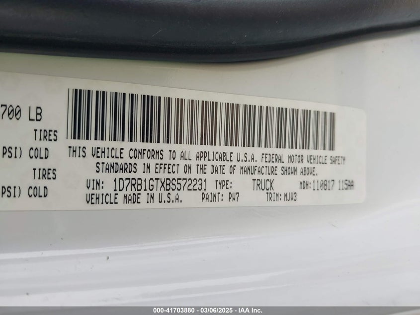 2011 Ram Ram 1500 Slt VIN: 1D7RB1GTXBS572231 Lot: 41703880