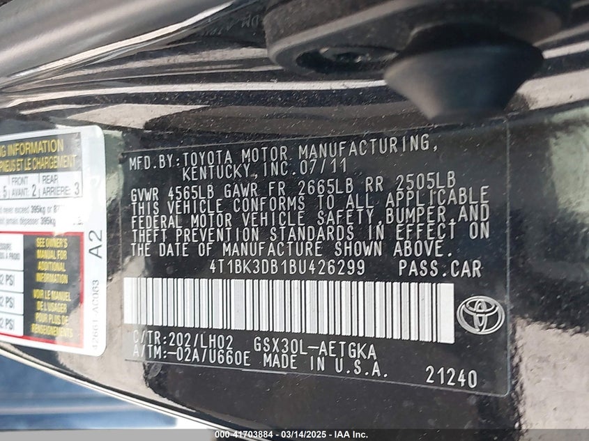 2011 TOYOTA AVALON VIN: 4T1BK3DB1BU426299