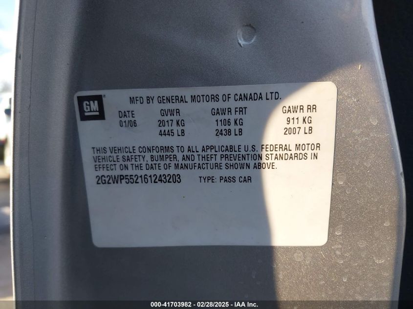2006 Pontiac Grand Prix VIN: 2G2WP552161243203 Lot: 41703982