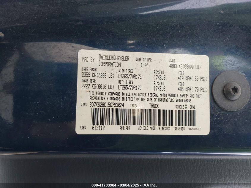 2005 Dodge Ram 2500 Slt/Laramie VIN: 3D7KS28C15G793024 Lot: 41703984