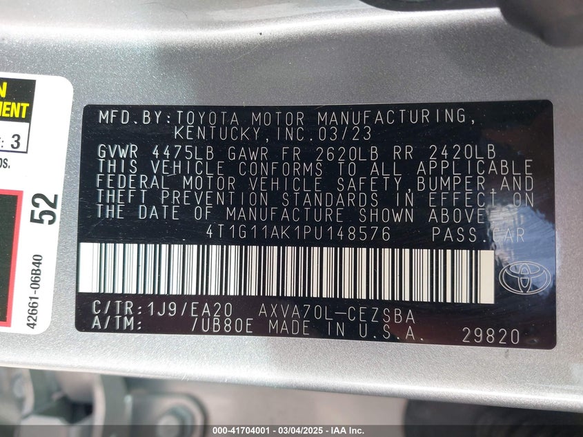 2023 TOYOTA CAMRY VIN: 4T1G11AK1PU148576