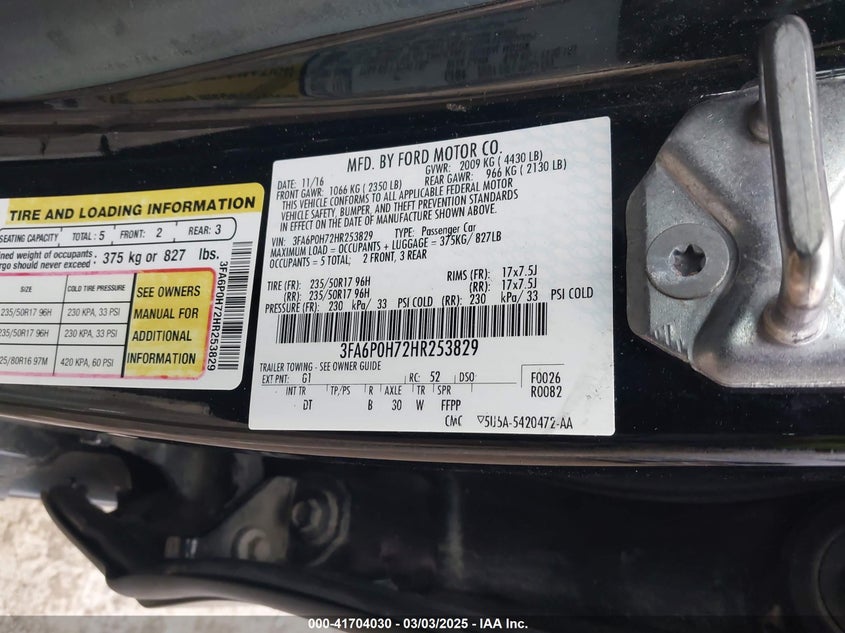 2017 FORD FUSION VIN: 3FA6P0H72HR253829