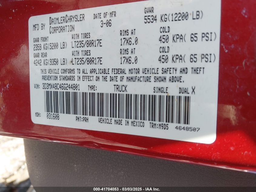 2006 Dodge Ram 3500 Slt/Sport VIN: 3D3MX48C46G244801 Lot: 41704053