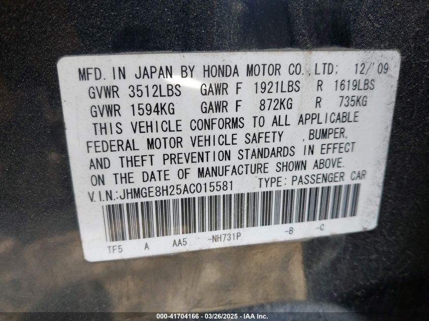 2010 Honda Fit VIN: JHMGE8H25AC015581 Lot: 41704166