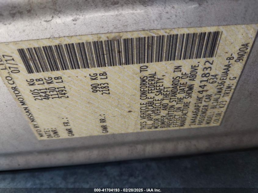 2017 Nissan Maxima 3.5 Sv VIN: 1N4AA6AP1HC441832 Lot: 41704193