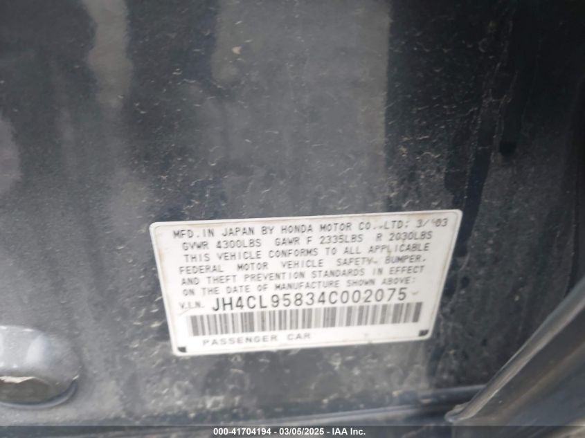 2004 Acura Tsx VIN: JH4CL95834C002075 Lot: 41704194