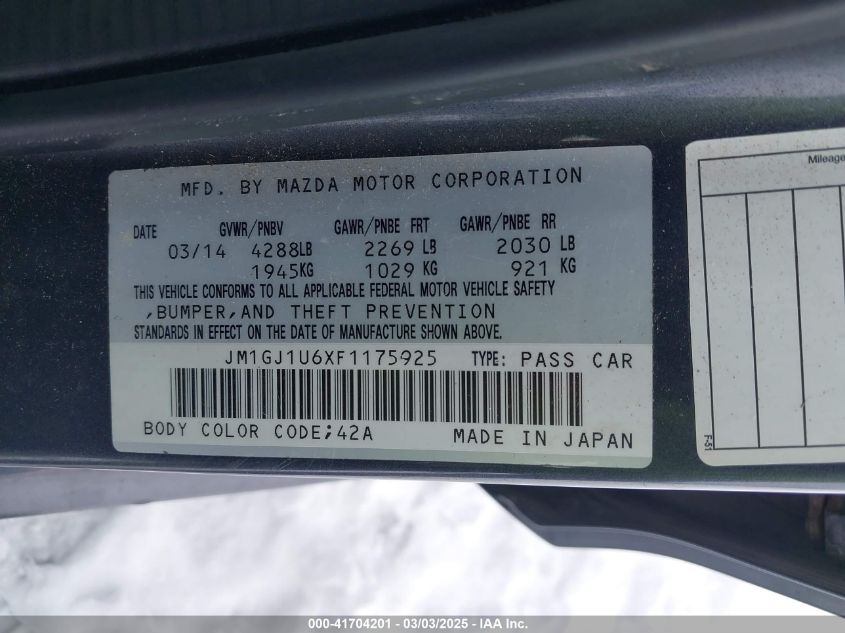 2015 Mazda Mazda6 I Sport VIN: JM1GJ1U6XF1175925 Lot: 41704201