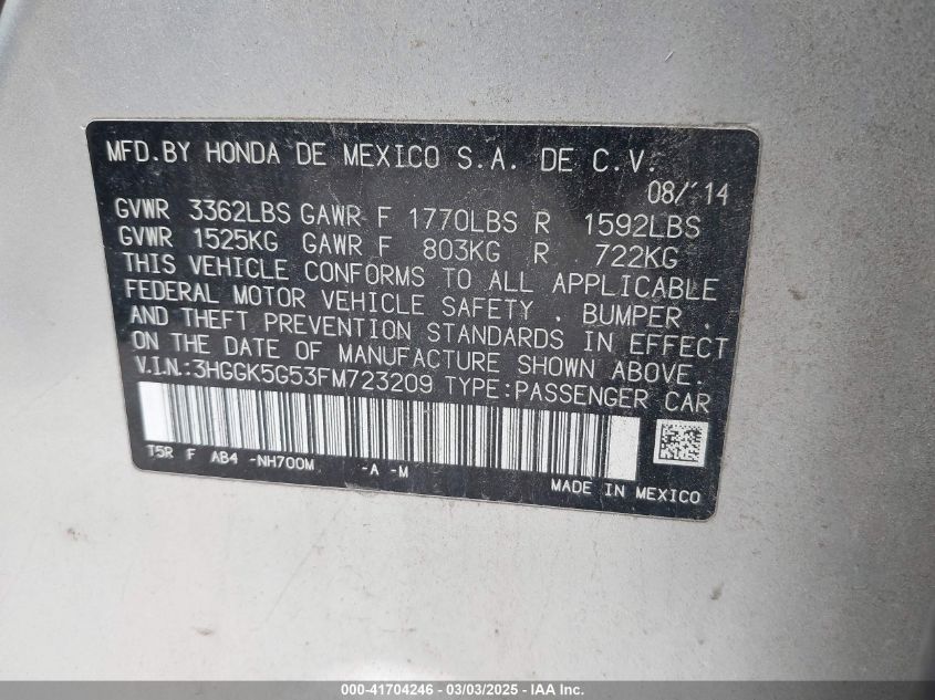 2015 Honda Fit Lx VIN: 3HGGK5G53FM723209 Lot: 41704246