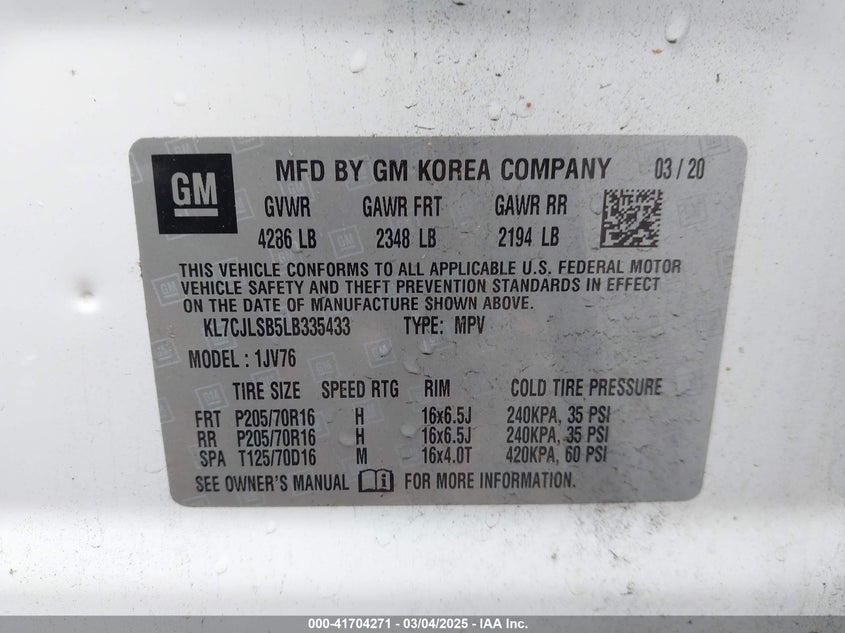 2020 CHEVROLET TRAX FWD LT - KL7CJLSB5LB335433