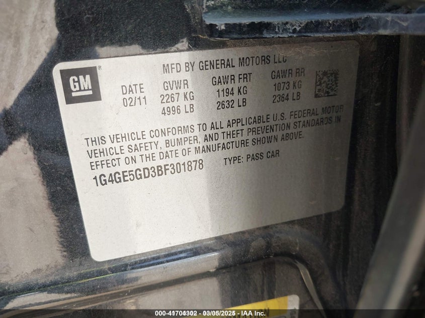 2011 Buick Lacrosse Cxs VIN: 1G4GE5GD3BF301878 Lot: 41704302