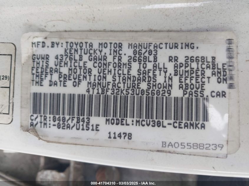 2003 Toyota Camry Le V6 VIN: 4T1BF32K53U056029 Lot: 41704310