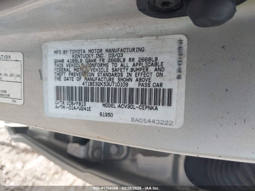 2003 Toyota Camry Le VIN: 4T1BE32K53U710109 Lot: 41704356