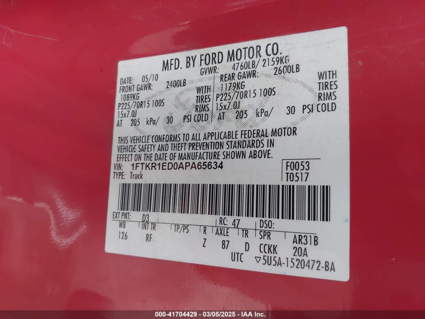 2010 FORD RANGER VIN: 1FTKR1ED0APA65634