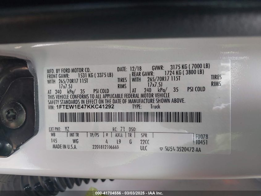 2019 Ford F-150 Xl VIN: 1FTEW1E47KKC41292 Lot: 41704556